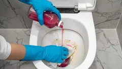 Čištění záchodové mísy rukavicemi a čisticím prostředkem na toalety.